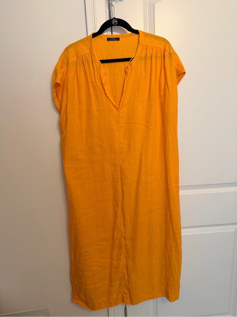 Relaxed V-Neck Linen Blend Dress in Mustard